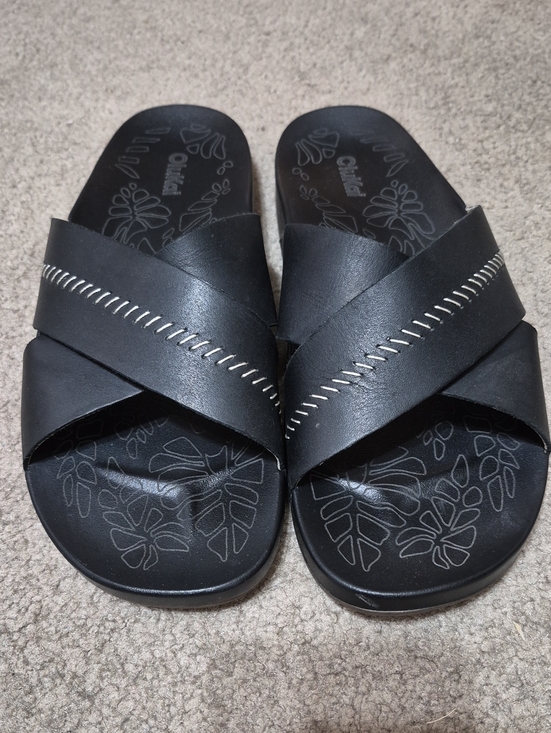 OluKai Shoes - OluKai Black Crisscross Slide Sandals with Contrast Stitching
